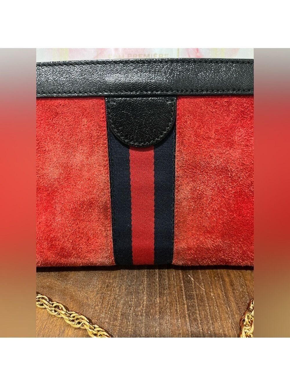 Gucci Ophidia Red Suede Black Leather Chain Med Bag - Picture 3 of 9